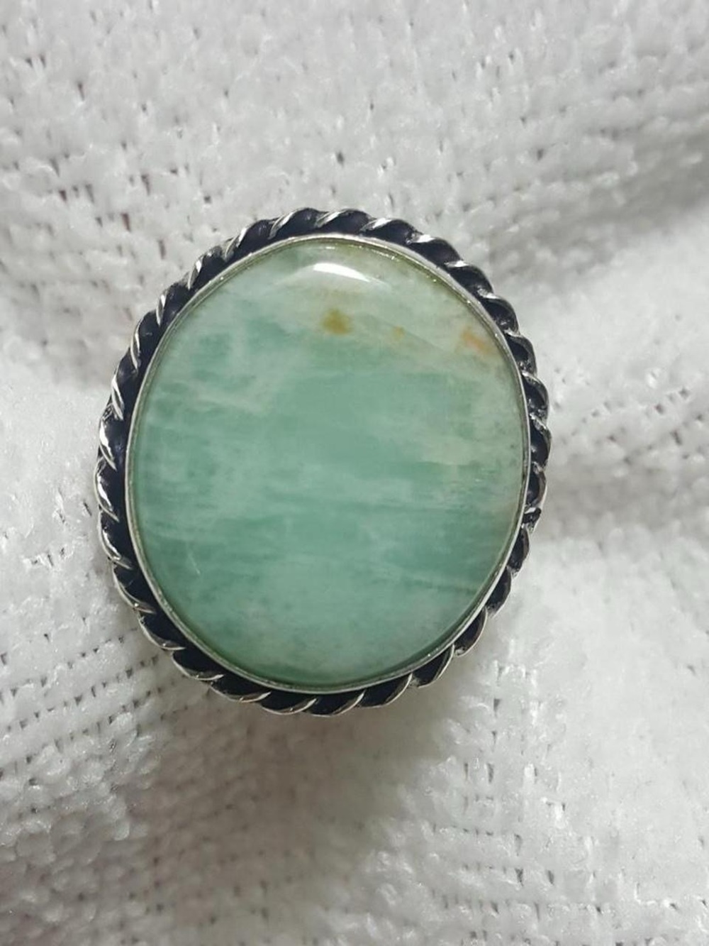 925 Silver Amazonite Oval Light Green Gemstone Ring in Style Setting
